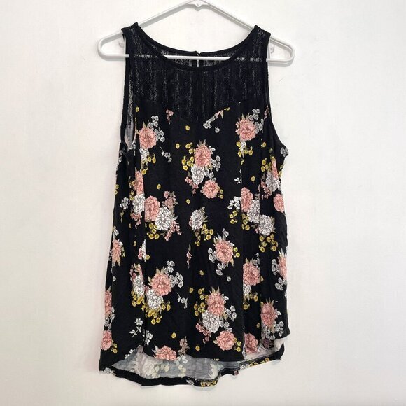 TORRID 1 Plus Size Super Soft Crew Neck Lace Yoke Tank Black Pink Yellow Floral - Picture 2 of 16